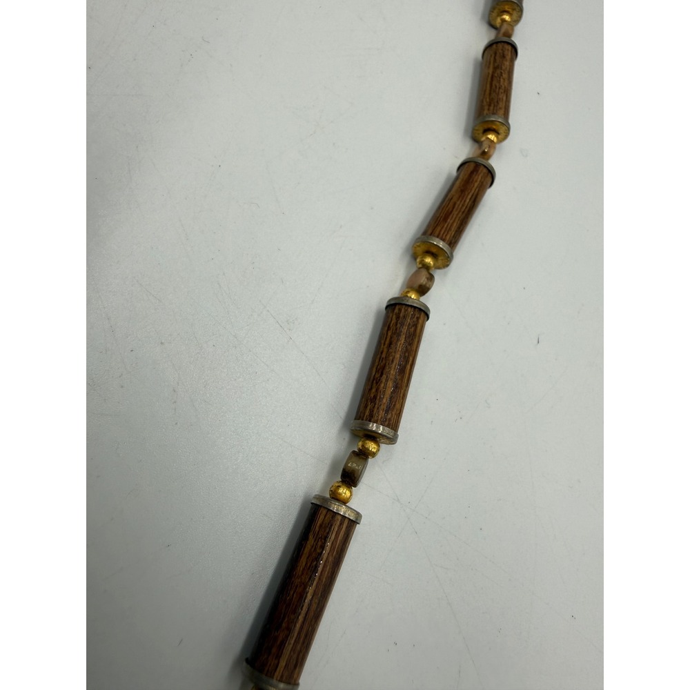 Vintage Trifari Wood Tube Bead Necklace Gold Tone Mixed Metal Earthy Boho 22" - Picture 4 of 4